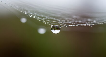 Close-up of a delicate spider web with tiny water droplets hanging from the strands in a natural outdoor setting during daytime