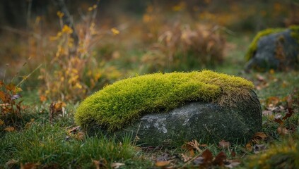Moss covering a stone, natural texture for outdoor settings, seasonal change