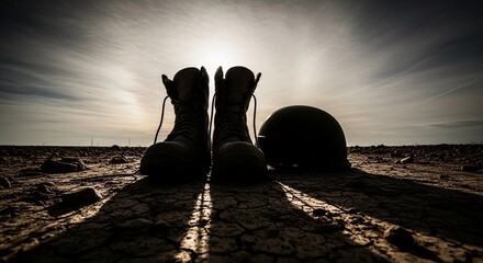 A poignant silhouette of a soldier's boots and helmet against a dazzling sun on barren land, evoking themes of valor, loss, and enduring peace