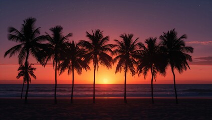 Obraz premium Silhouette of coconut palm trees against a beach at sunset, serene atmosphere, seasonal change