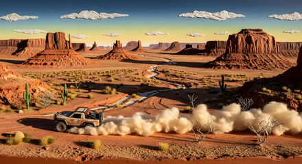 Experience the thrill of off-roading across the desert landscape, adventure in the American Southwest, driving freedom and dust trails, iconic buttes