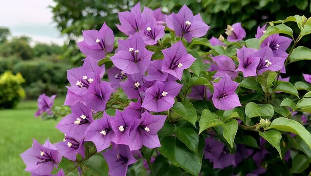 Magnificent 4K video focusing on the striking vibrant purple bougainvillea blooms displayed in their full glory showcasing the delicate petals as they naturally cascade gracefully adding a definitive