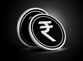 Shiny Silver And Black Two Rounded Indian Rupee INR Coins On dark Background 3d Illustration
