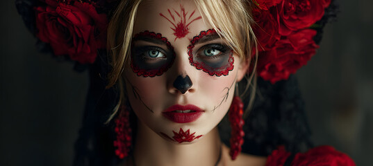 Naklejka premium Beautiful Halloween Make-Up Style. Blond Model Wear Sugar Skull Makeup with Red Roses. Santa Muerte concept