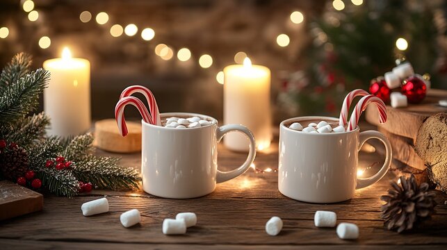 Hot cocoa bar setup Christmas party mugs candy canes marshmallows fairy lights rustic table cozy mood no people - Powered by Adobe