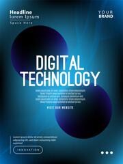 Modern digital technology poster design featuring glowing gradient spheres, blue neon lines, futuristic abstract background. Ideal tech events, innovation themes presentations, digital business 