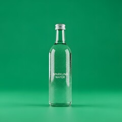 A clear glass bottle filled with sparkling water against a vibrant green background with a silver cap on top