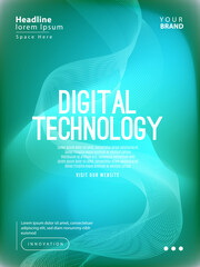 Modern digital technology poster design with abstract wave lines, gradient blue-green background, and futuristic elements. Suitable for tech business, innovation, IT services, and promotional material