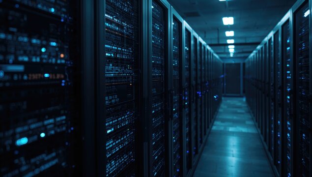 Data processing through interconnected computer servers, illustrating global finance and business connections