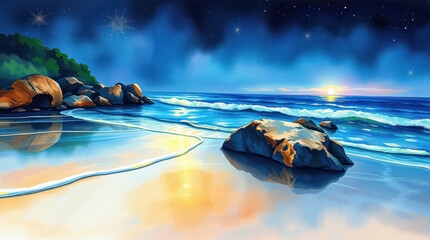 Serene Evening Shores Reflecting Stars