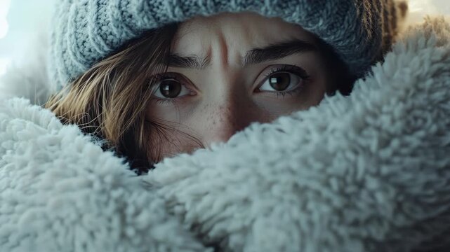 A woman with blonde hair is peacefully sleeping under a fluffy fur coat on a snowy day.