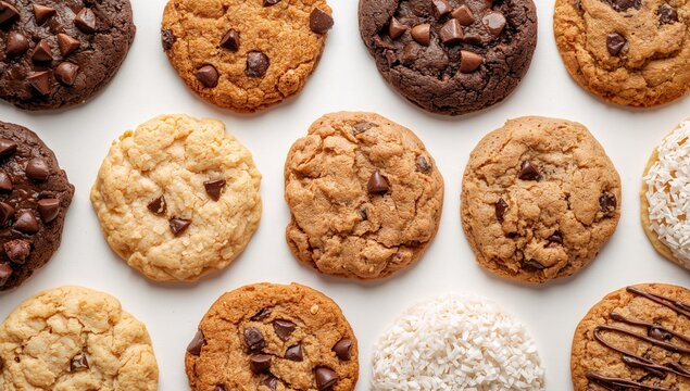 Assorted cookies arranged on a white surface, indulgent treat option, National Cookie Day