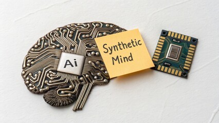Metallic AI Brain with Circuitry and Synthetic Mind Label