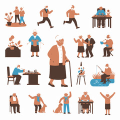 A collection of simple illustrations depicting various activities and hobbies of a senior group
