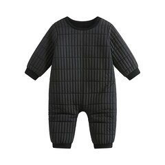 Kids Insulated Winter Jumpsuit Solid Black Quilted One Piece Romper With Vertical Grid Padding And Soft Warm Design