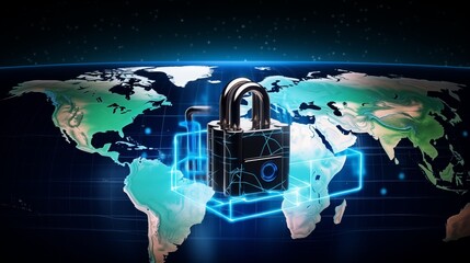 Global Cybersecurity Protection: Digital padlock secures the world map, symbolizing data security, internet privacy, and network defense against cyber threats.