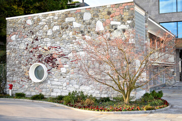 Modern building exterior, urban landscaping 