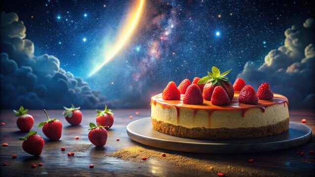 A Midnight Serenade Strawberry Cheesecake Sits AlmondShelled Surfaces Between Towering Tomes Under a Celestial Glow