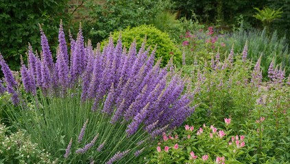 Vibrant herbaceous border featuring purple verbena, enhancing the historic garden setting, seasonal change