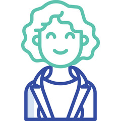 Stylized illustration of a smiling person with curly hair wearing a collared jacket on a transparent background with teal and blue color gradient on the outline