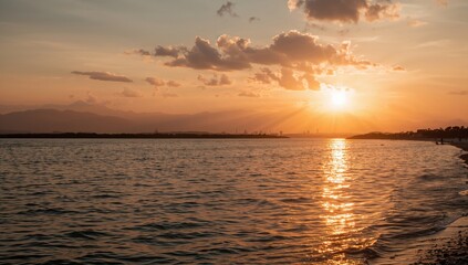 Obraz premium Golden sunset reflecting on the river, tranquil background for relaxation