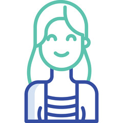 Stylized illustration of a smiling woman with long hair wearing a striped top in turquoise and navy blue with a transparent background