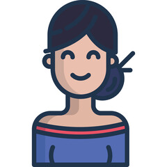 Stylized Illustration of a Smiling Woman with Dark Hair Pulled Back in a Bun Wearing an Off-the-Shoulder Blue Top with Red Trim Clean Lines Vector Art