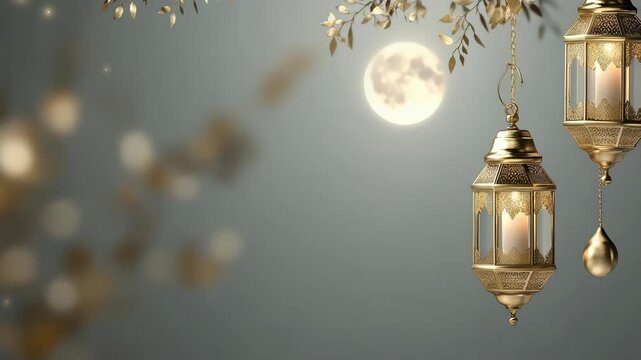 Symbolic lanterns hang in the night, casting light beneath the full moon. The atmosphere reflects the joy and spirituality of Islamic holidays, including Ramadan and Eid celebrations