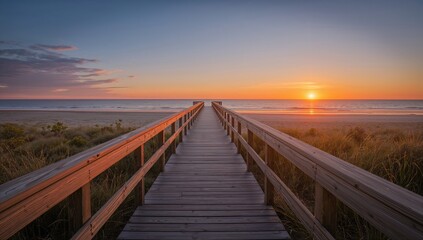 Obraz premium Vertical symmetrical wooden bridge leading to the beach, ideal for scenic backgrounds