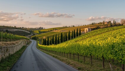 Road winding through vineyards, showcasing urban density, World Heritage Site