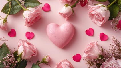 Pink roses and pink hearts, a symbol of affection, Valentine's Day theme