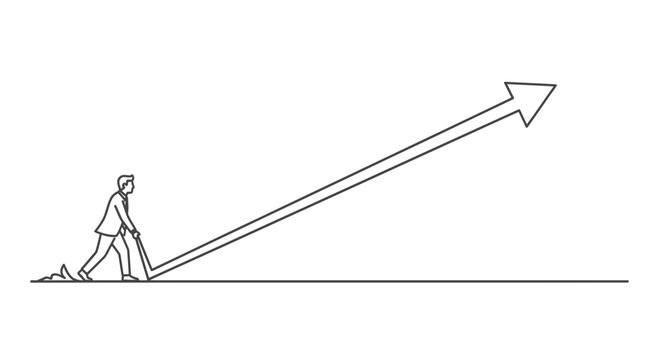 Business growth illustrated by a man pushing a large arrow upwards on a flat surface