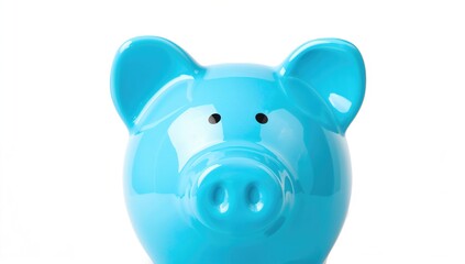 Isolated blue piggy bank on a white background, focus on savings and financial management