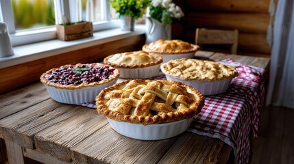 A collection of freshly baked pies displayed on a wooden table in a cozy setting, perfect for a family gathering or celebration.
