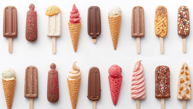 Variety of delectable ice creams arranged on a white backdrop, enhancing dessert options