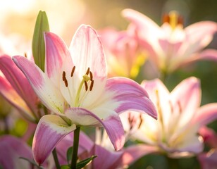Fototapeta premium Close-up of pink and white lilies with sunlight shining through petals