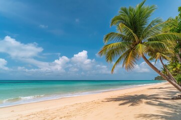 Obraz premium Deserted sandy shore beside the ocean with room for text