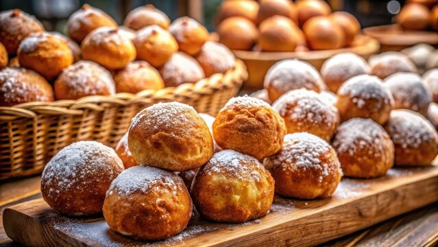 Traditional Dutch pastry balls, known as bollen, are freshly baked in a quaint village bakery