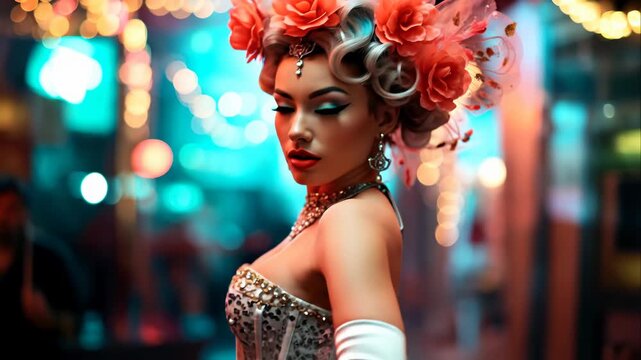 A captivating burlesque performer wearing an elaborate headdress with flowers is illuminated by ambient light. She participates in the evening event. A dynamic video burlesque style