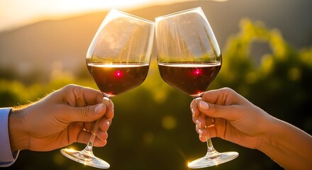 Close up of couple toasting glasses of red drink at vineyard
