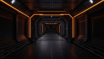Futuristic spaceship illuminated by orange-white neon lights in dark corridor, showcasing a sci-fi aesthetic