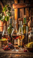 Fototapeta premium A charming vignette of vintage wine bottles and antique glassware, inviting relaxation and conviviality in a rustic setting