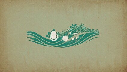 A classic retro backdrop featuring a green wave graphic and a standalone vintage emblem, delivering a compelling fusion of technology, art, and music for an enduring aesthetic