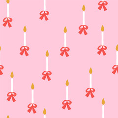 Seamless pattern with candles and red bows on a pink background. Vector hand drawn illustration.