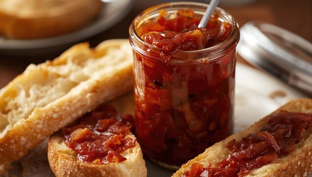 Close-up of bacon jam in a jar served with toasted baguette slices, protein-rich meal