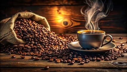 A rich aroma wafts from a rustic wooden table as a warm cup of coffee sits atop a heap of freshly roasted coffee beans