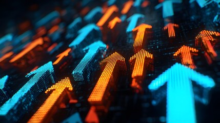 glowing 3d arrows rising with stock index board background