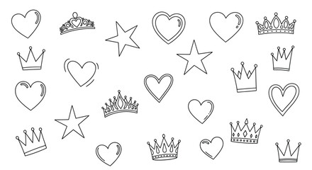Assorted handdrawn hearts, crowns, and stars in black and white