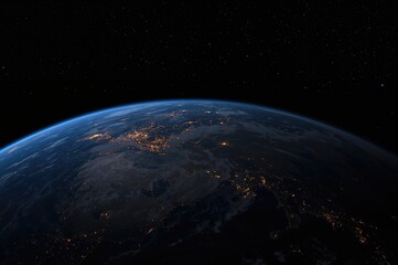 Obraz premium Nighttime satellite image displaying Earth's illuminated urban areas and a glowing world map on a clear backdrop