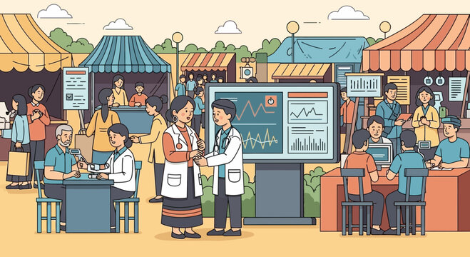 Community health fair with medical professionals providing checkups and information - Powered by Adobe